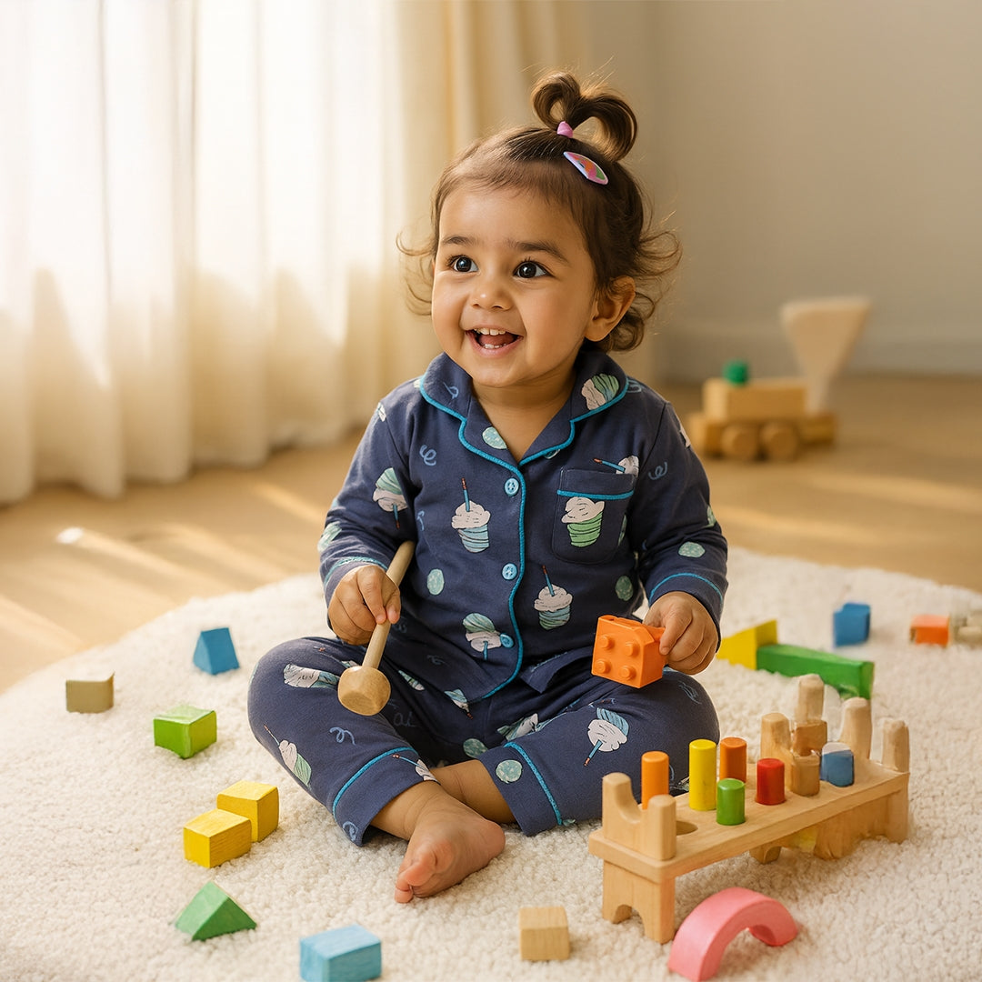 Dark Grey Cupcake Print Button-Down Night Suit (Unisex)