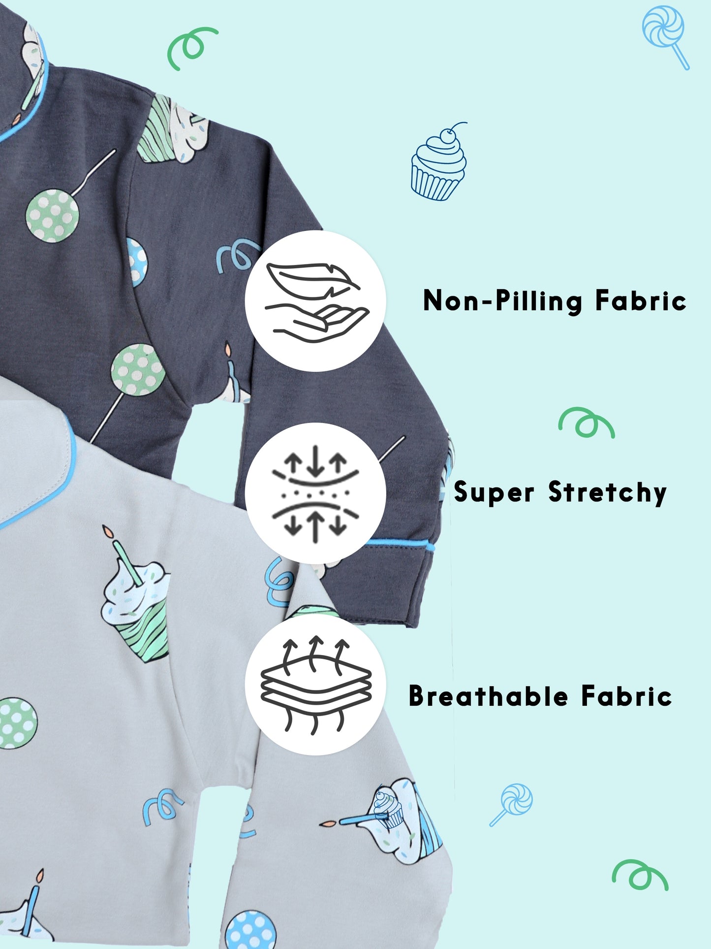 Dark Grey Cupcake Print Button-Down Night Suit (Unisex)