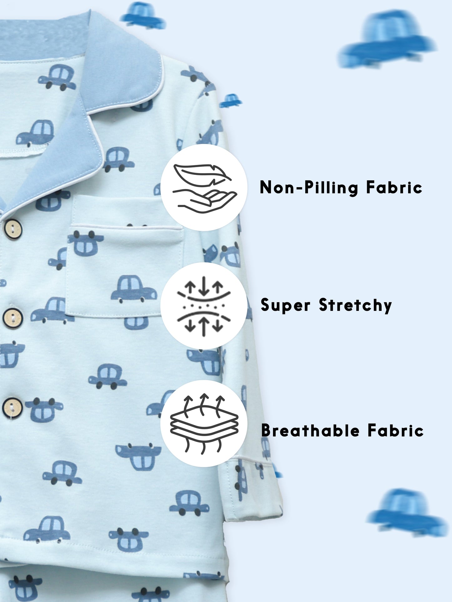 Powder Blue Car Print Button-Down Night Suit (Unisex)