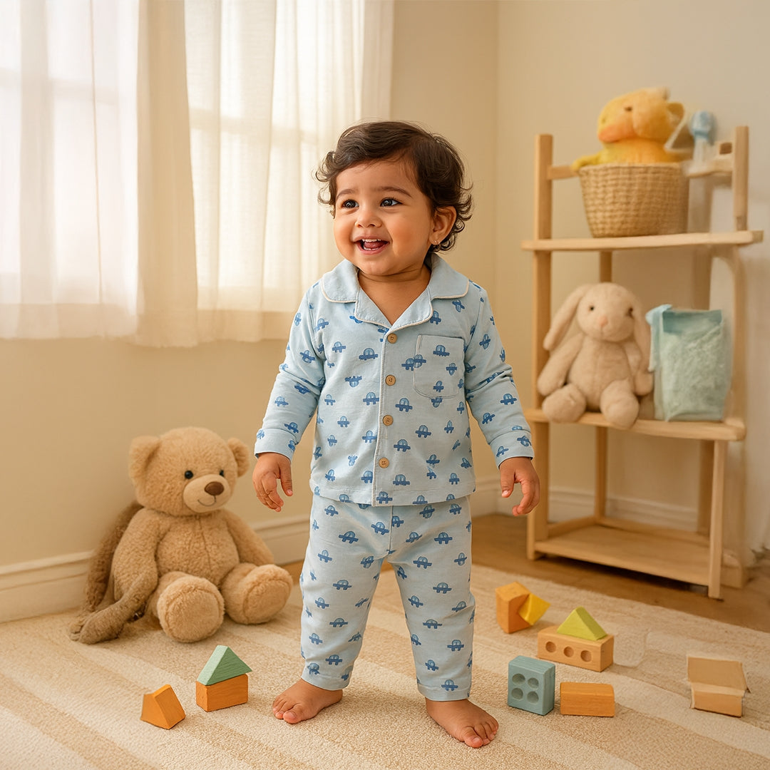 Powder Blue Car Print Button-Down Night Suit (Unisex)