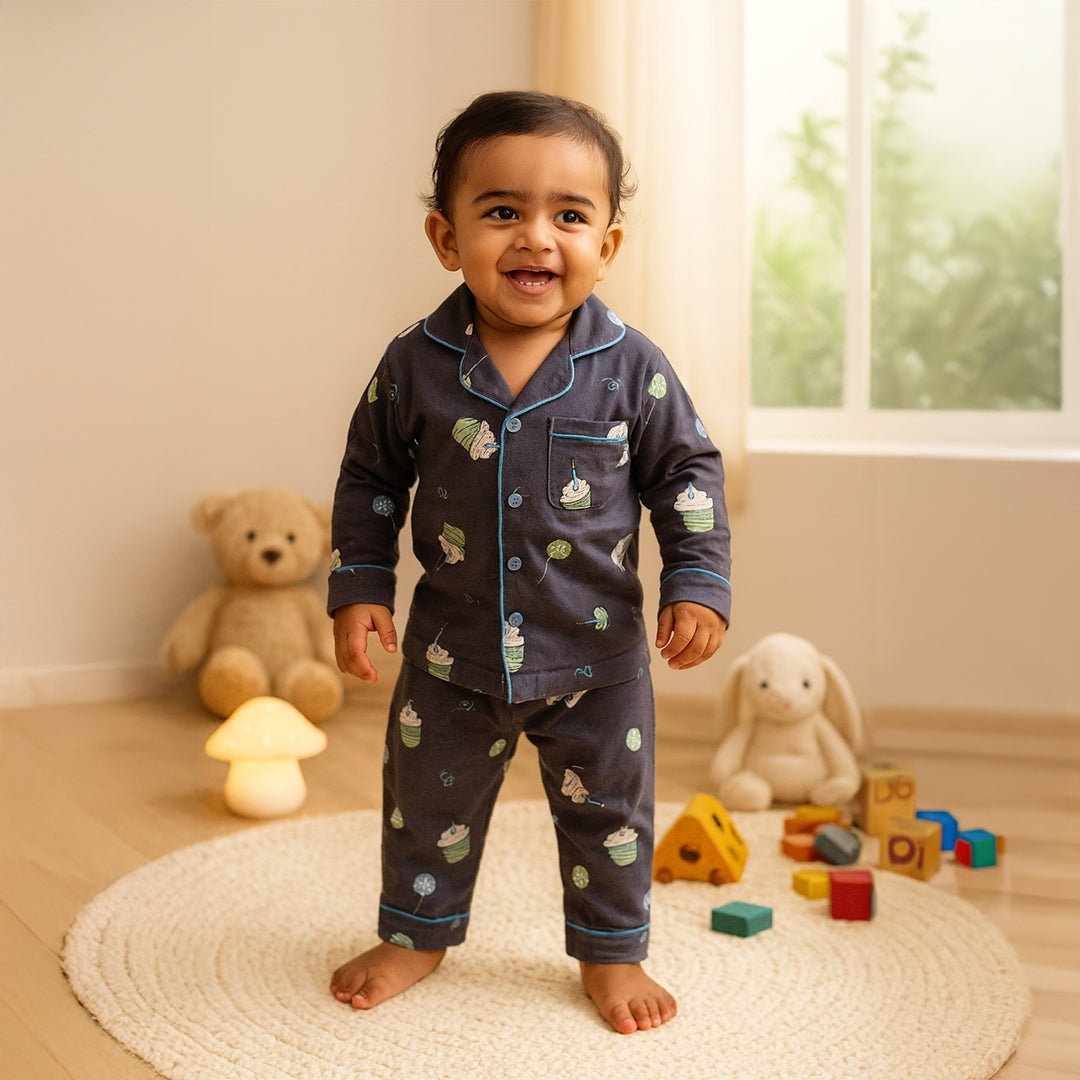 Dark Grey Cupcake Print Button-Down Night Suit (Unisex)