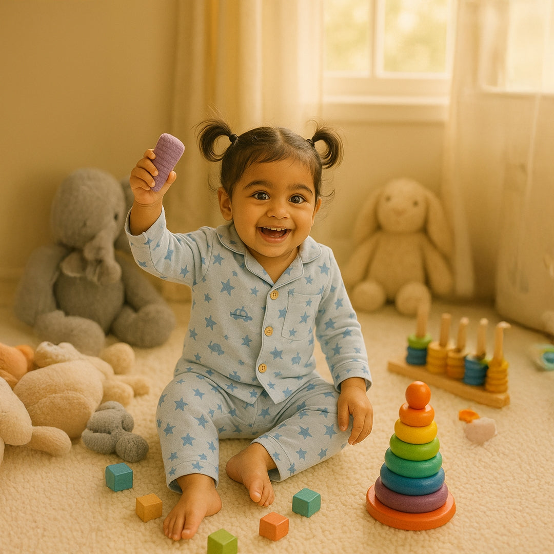 Powder Blue Car Print Button-Down Night Suit (Unisex)